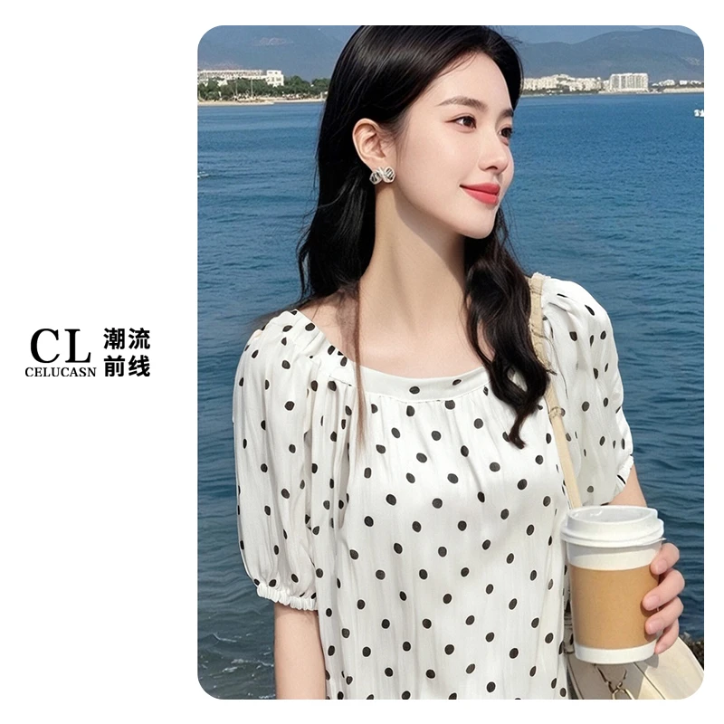 B7JI3708#夏季波点气质显瘦收口高级感复古短袖T恤上衣