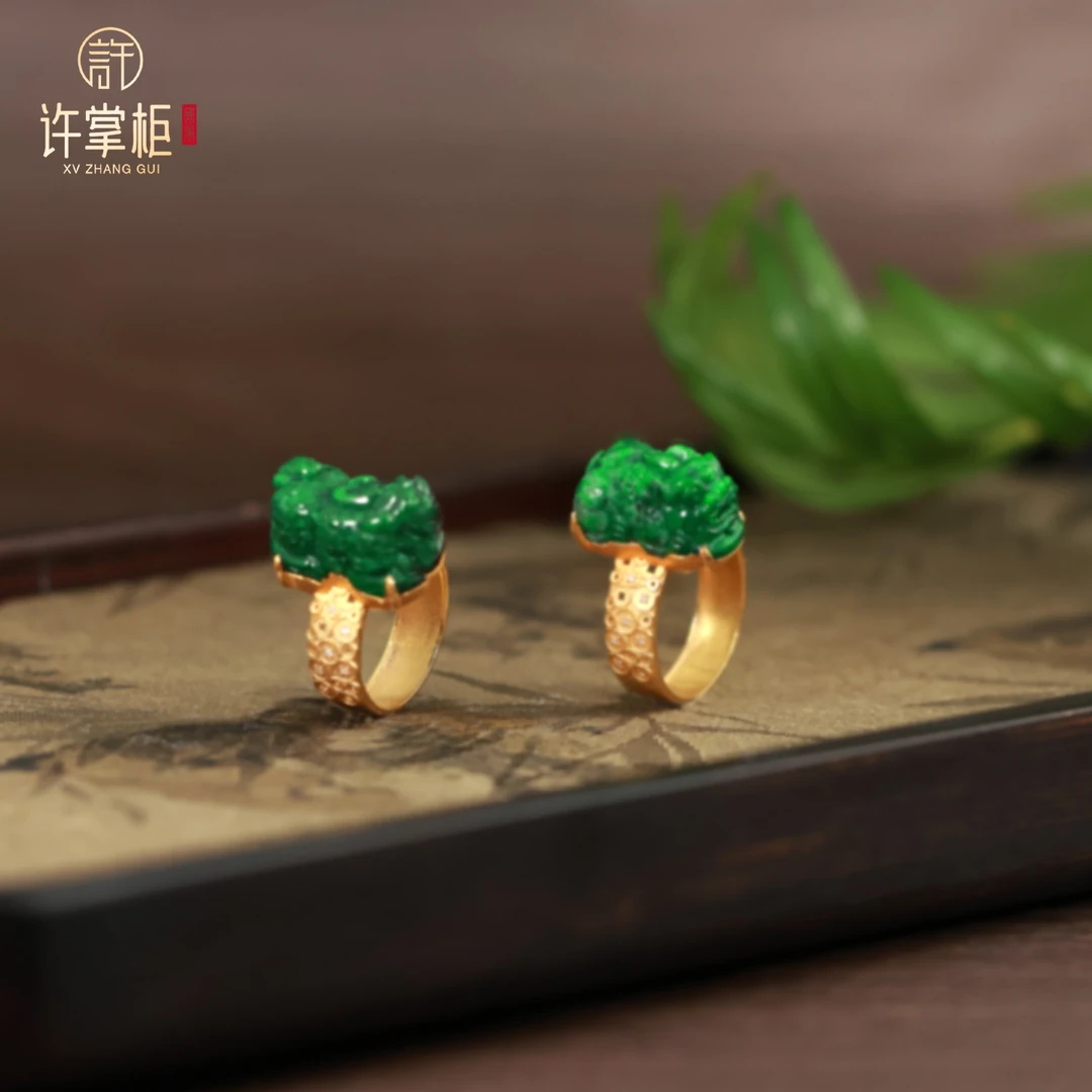 许掌柜｜翡润禧貅 18K金翡翠貔貅戒指缅甸翡翠单件多样性随机发货