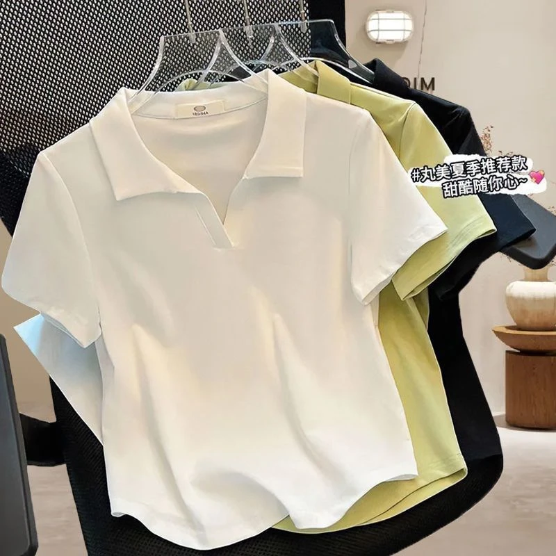 大码遮肉显瘦正肩T恤女夏季新款纯色百搭胖mm藏肉POLO领上衣