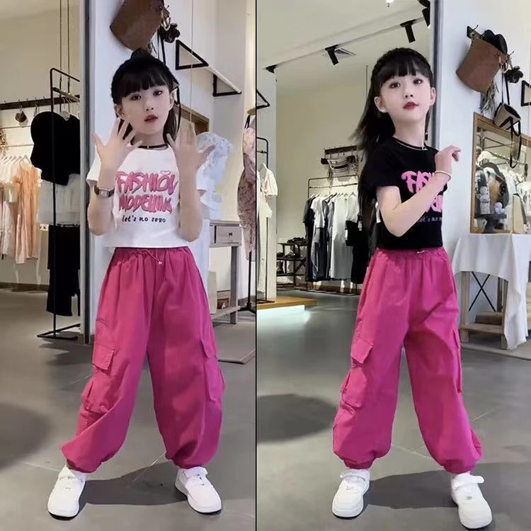 女童短袖工装裤两件套装新款洋气两件套时髦中大童T恤