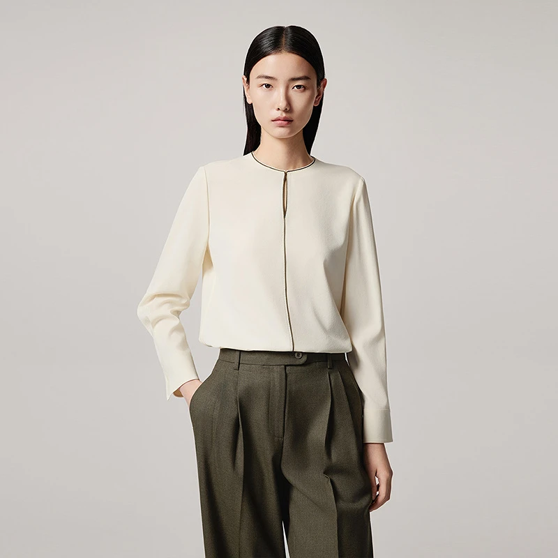 LANCY/朗姿2025年秋新款优雅圆领桑蚕丝长袖衬衫高级感气质上衣女