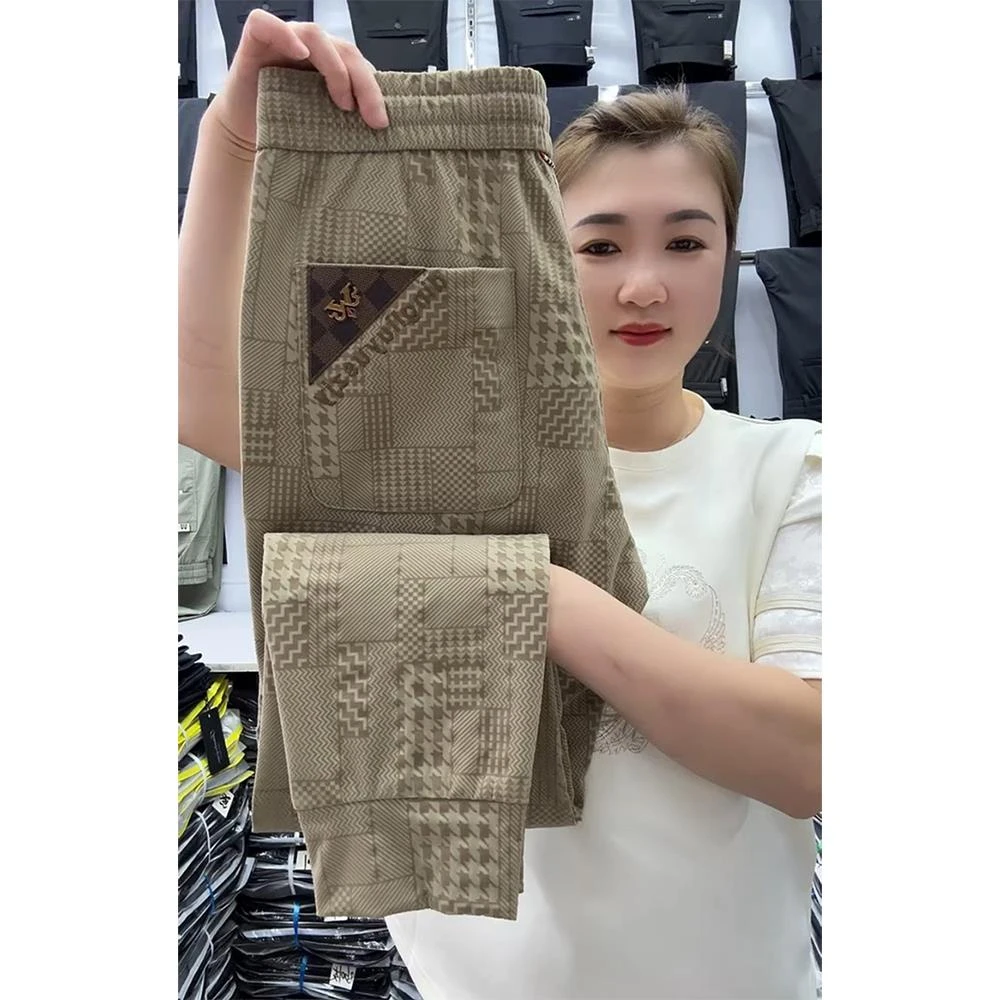 夏季薄款冰丝休闲裤男高档千鸟格宽松舒适小脚裤潮流百搭速干长裤