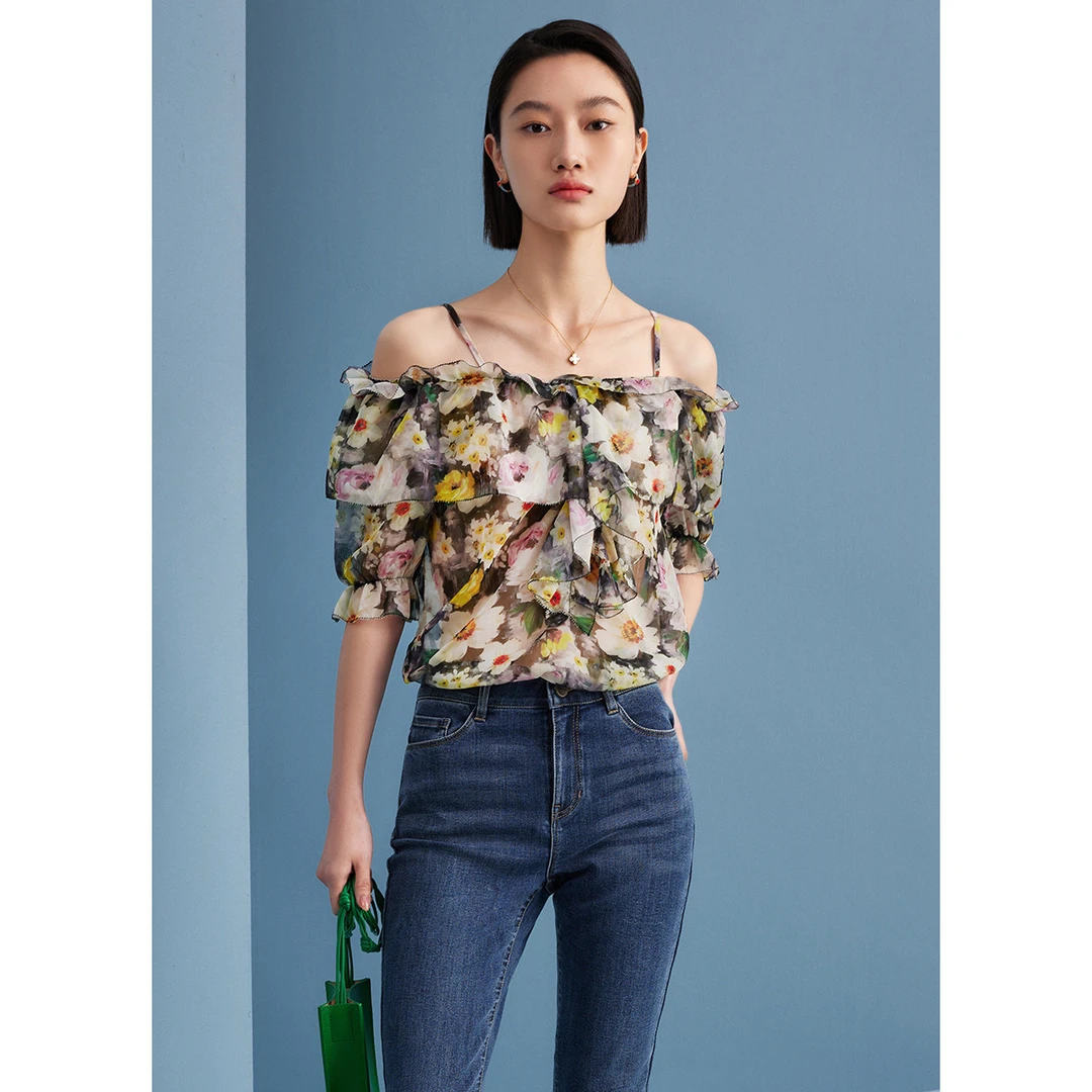 浪漫一字领吊带衫女夏季油画风印花荷叶小衫M314201302