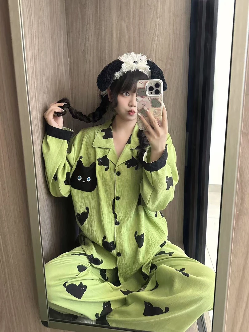 【小黑猫】新款可爱卡通长袖睡衣女春秋季可外穿休闲舒适家居服套装