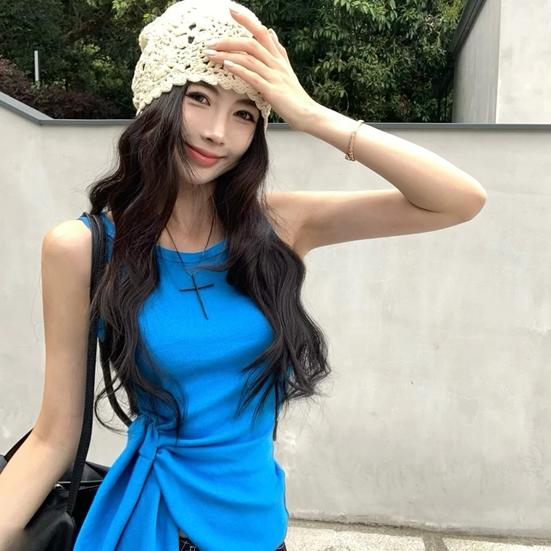 不规则吊带背心女夏季时髦辣妹无袖内搭外穿蓝色修身绑带收腰上衣