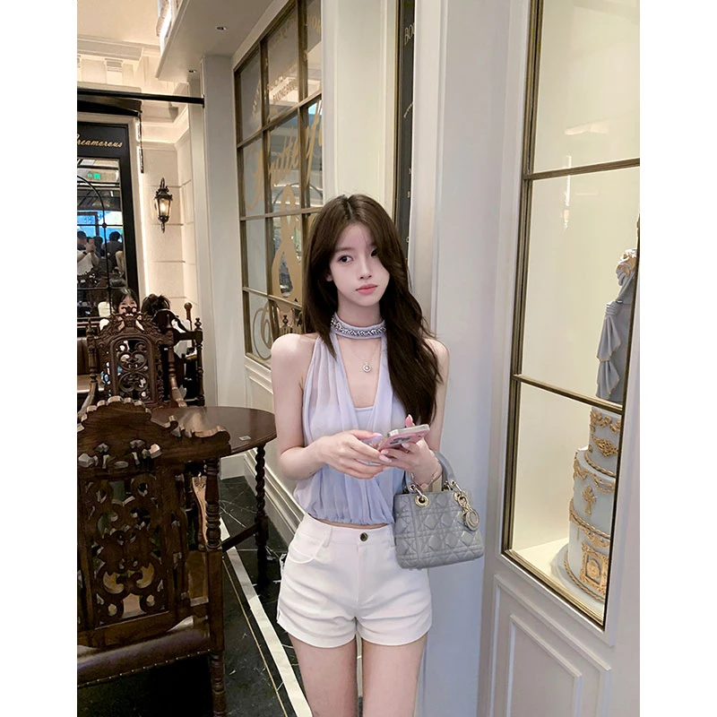 2025夏季新款清冷感 水钻挂脖V领上衣内搭抹胸女配高腰显瘦短裤