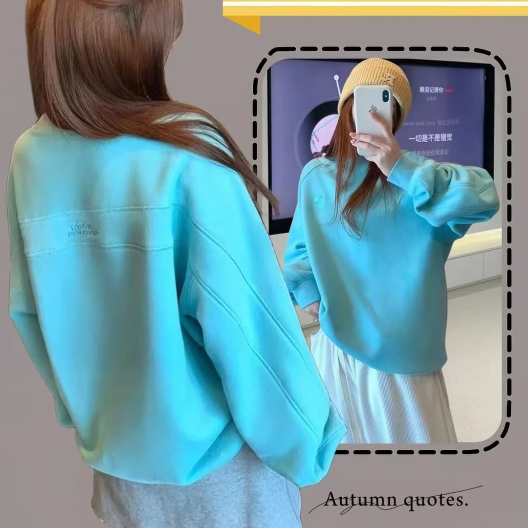 2025新款慵懒风网红浅蓝色刺绣圆领卫衣女宽松显瘦插肩袖外套潮牌