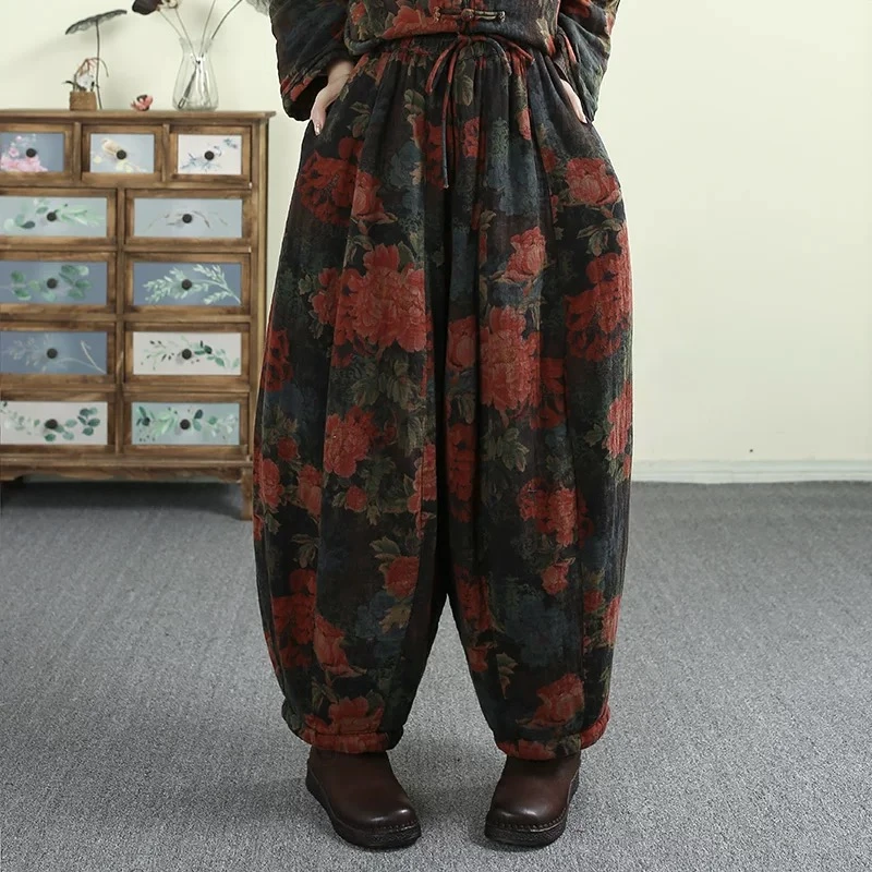 新款复古炒色印花斜纹麻12片南瓜裤松紧腰宽松老爹裤【裤长93】