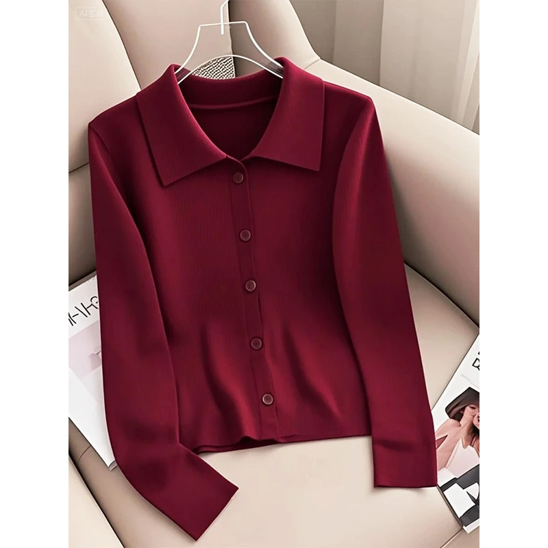 纯欲慵懒风女装2025早秋新款POLO领针织小衫长袖t恤洋气百搭上衣