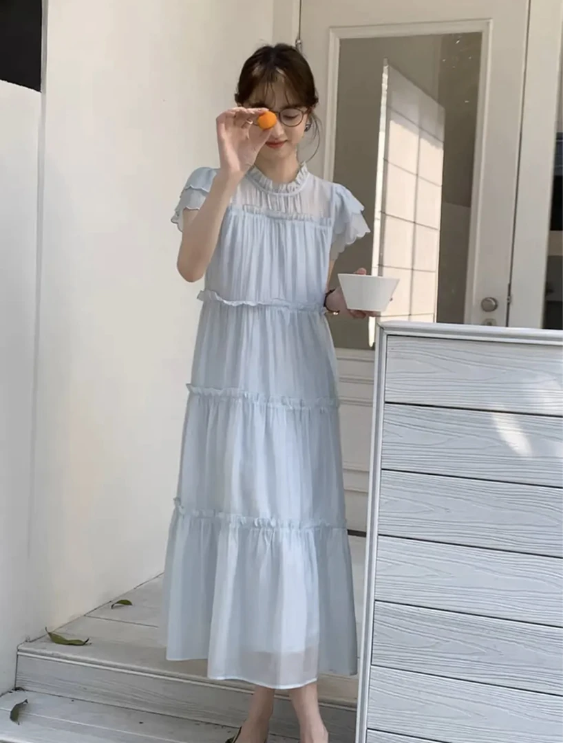 小香风木耳边飞飞袖法式连衣裙2025夏季收腰显瘦小个子甜美长裙
