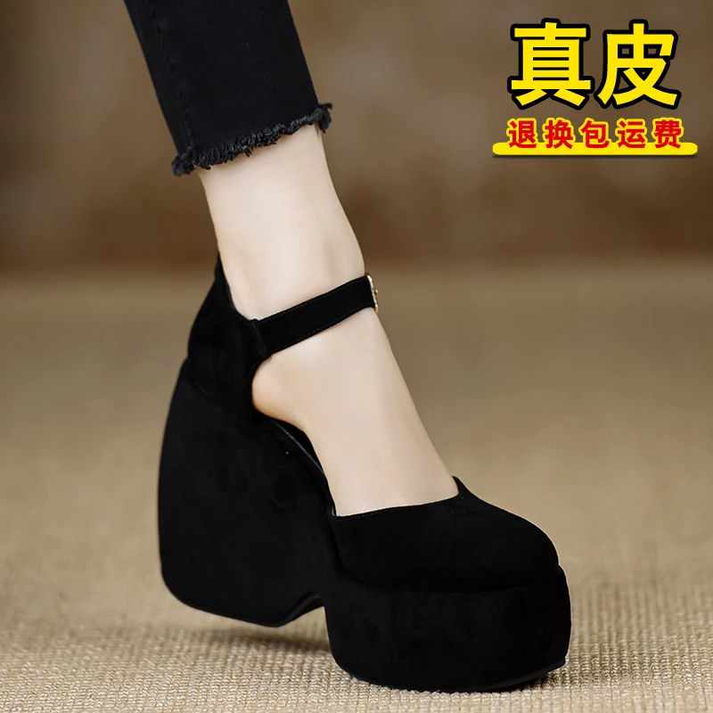 小个子防水台中空凉鞋女2025新款凉鞋圆头高跟黑色一字带玛丽珍鞋