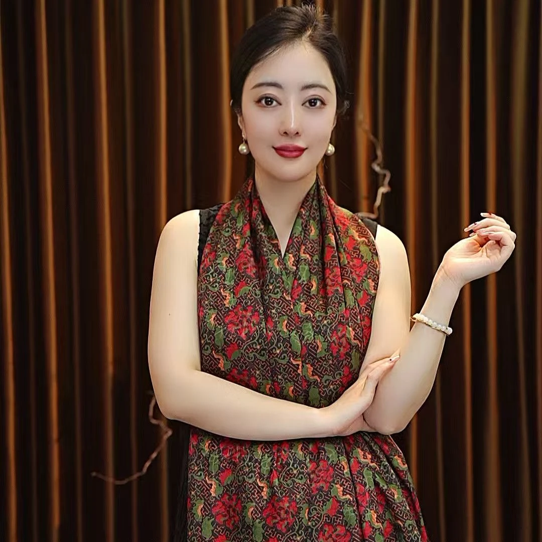 烈焰玫瑰国风香云纱龟裂纹长巾围巾女士丝巾百搭双面戴中国风复古