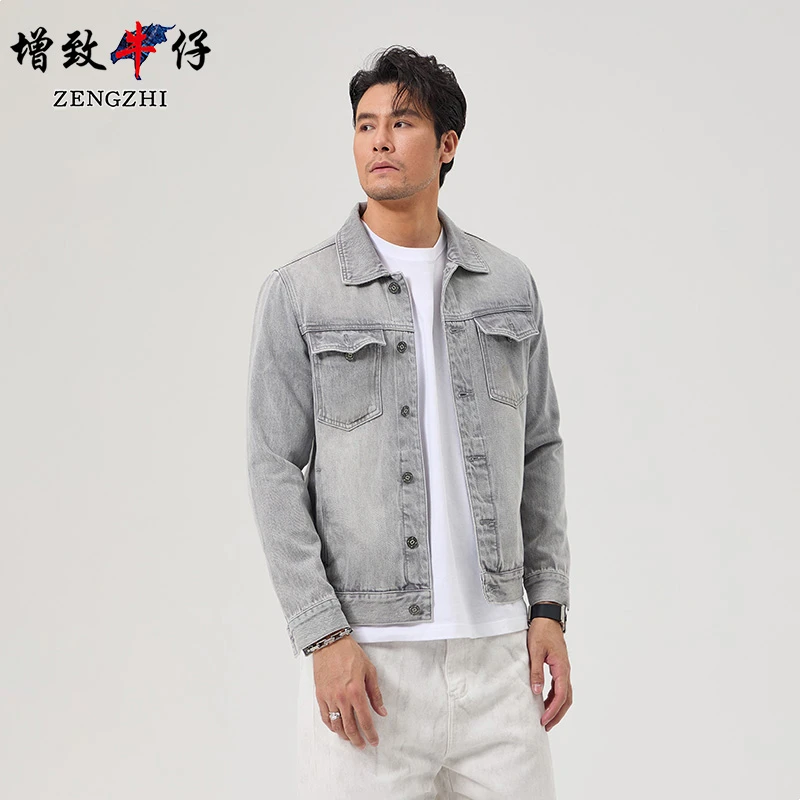 ZENGZHI/增致牛仔1083宽松夹克简约浅灰外套时尚牛仔春秋潮流男式