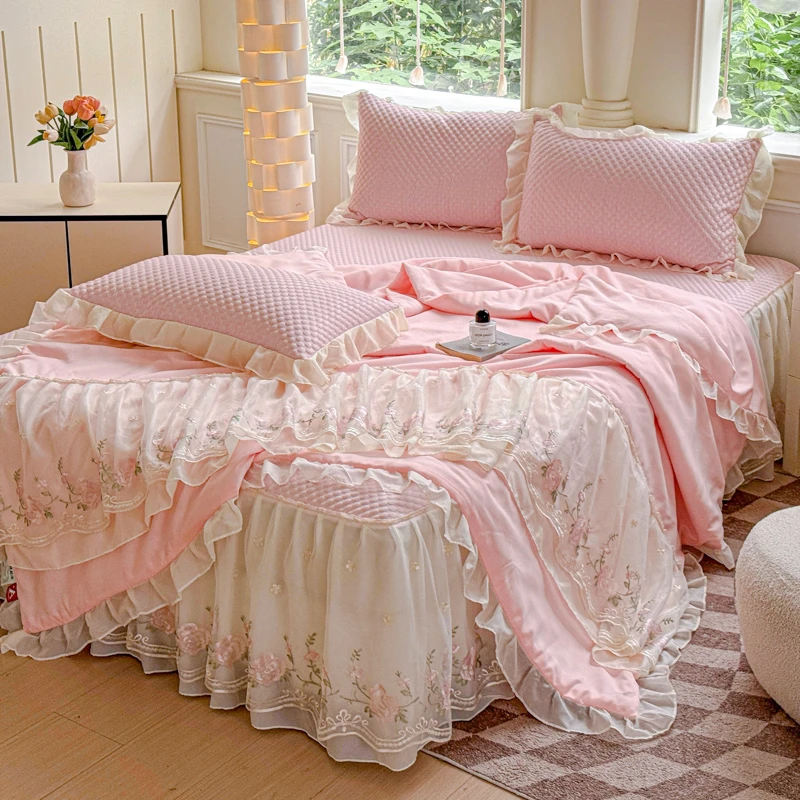 夏天冰豆豆凉席夏被四件套可机洗韩版花边床裙款冰丝席空调软席子