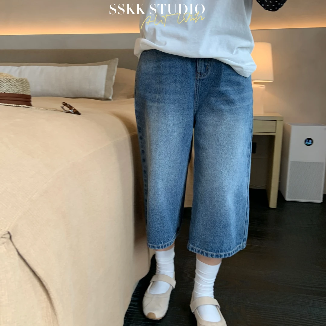 KMZY/KMZY山_山【韩式慵懒】微胖早秋韩版复古深蓝色七分裤牛仔裤女
