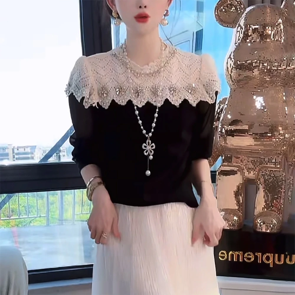 镂空针织衫女士2025秋季时尚减龄洋气内搭拼接打底衫重工烫钻上衣