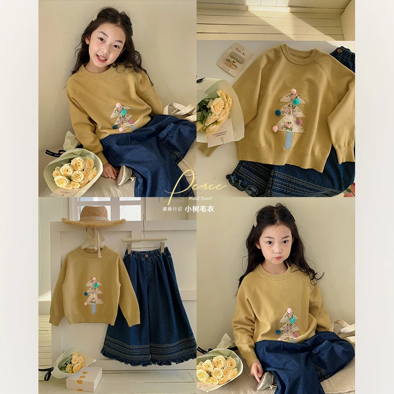 SKA2409女童韩版圆领休闲毛衣春装新款女童卡通宽松针织上衣潮