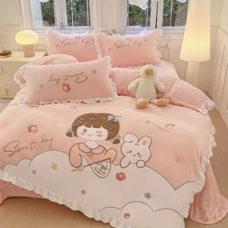 卡通牛奶绒四件套加厚保暖被套床单床上用品冬季珊瑚绒双面绒被罩