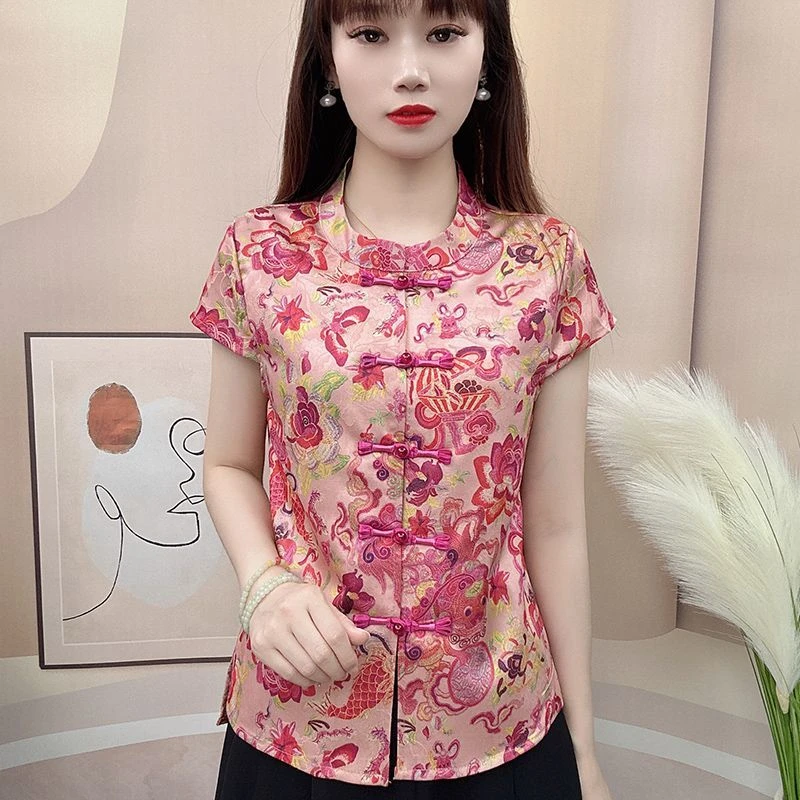 2025夏季新中式短袖衬衫女设计感圆领百搭遮肉显瘦减龄气质上衣