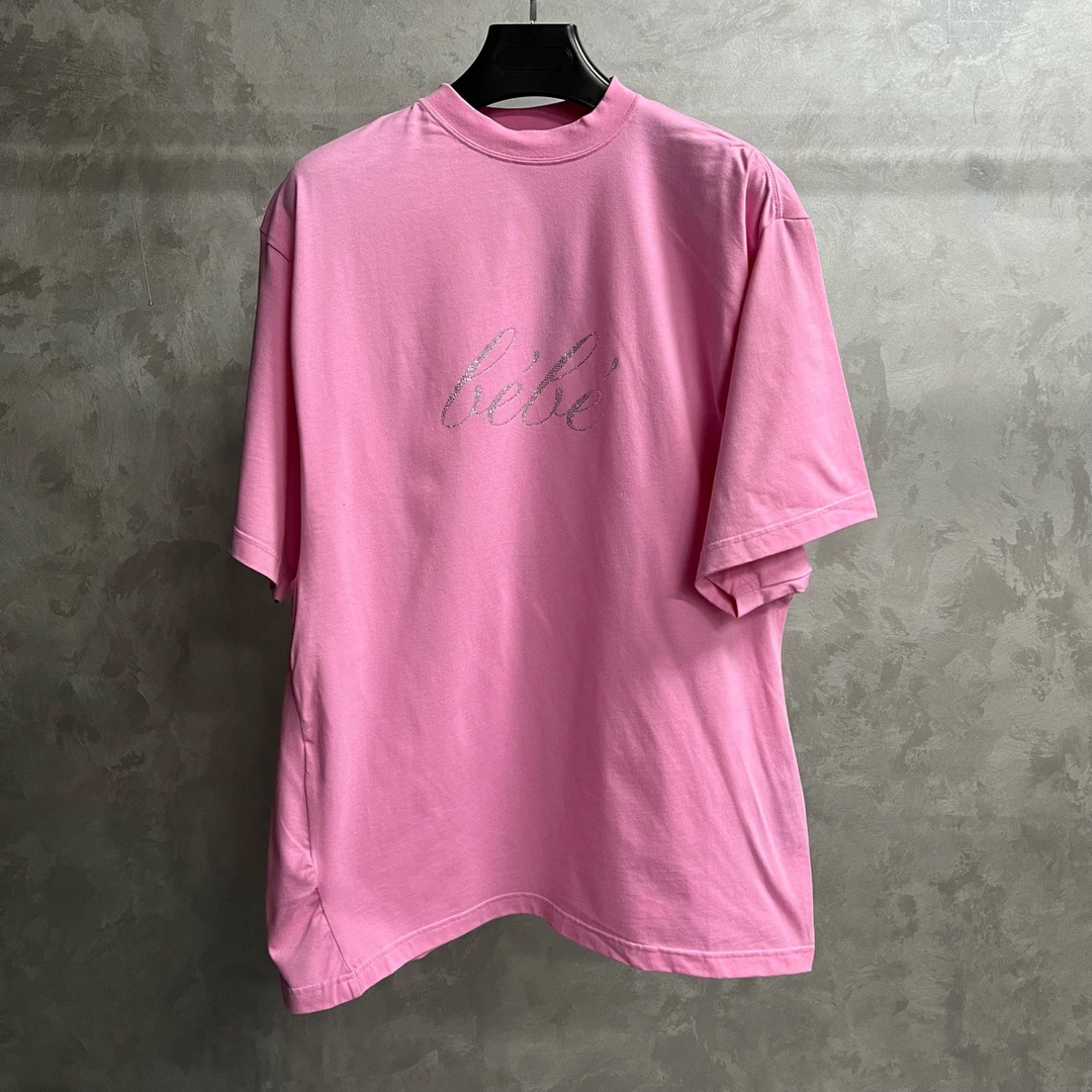 未使用 Balenciaga/巴黎世家 粉色bebe亮片字母短袖T恤/2码