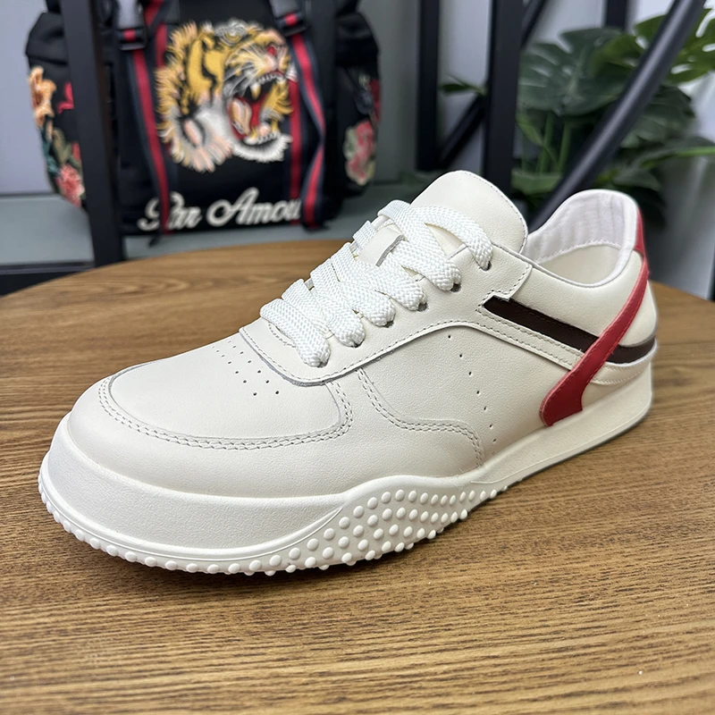 新款头层牛皮时尚休闲鞋低帮百搭时尚男鞋白色拼接缝制鞋潮流男鞋