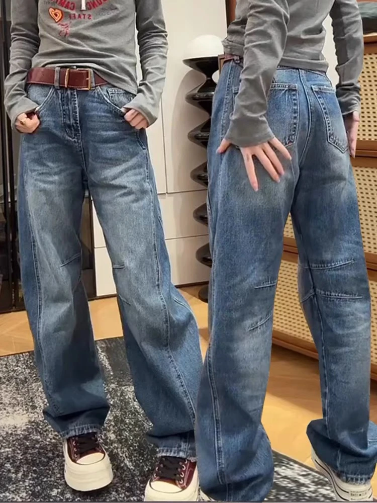 【3717】龙#高腰直筒宽松工装牛仔裤【配皮带】