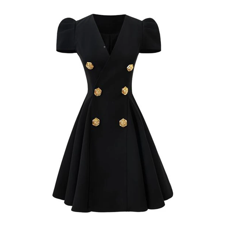 【文文】黑色收腰气质时尚小黑裙夏季赫本风小众设计感连衣裙D0859