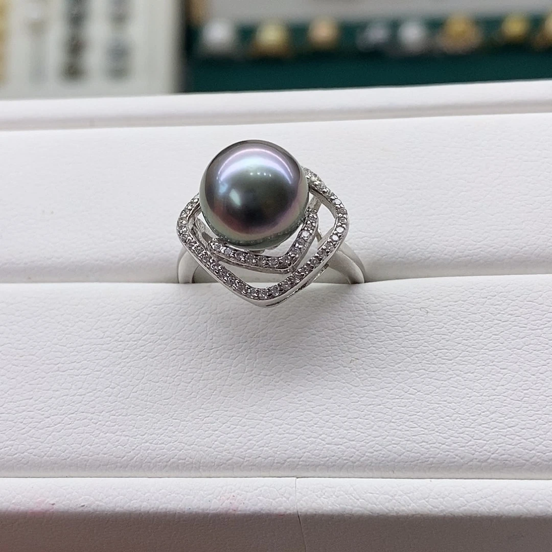 海水珍珠戒指银S925镶嵌大溪地10-11mm
