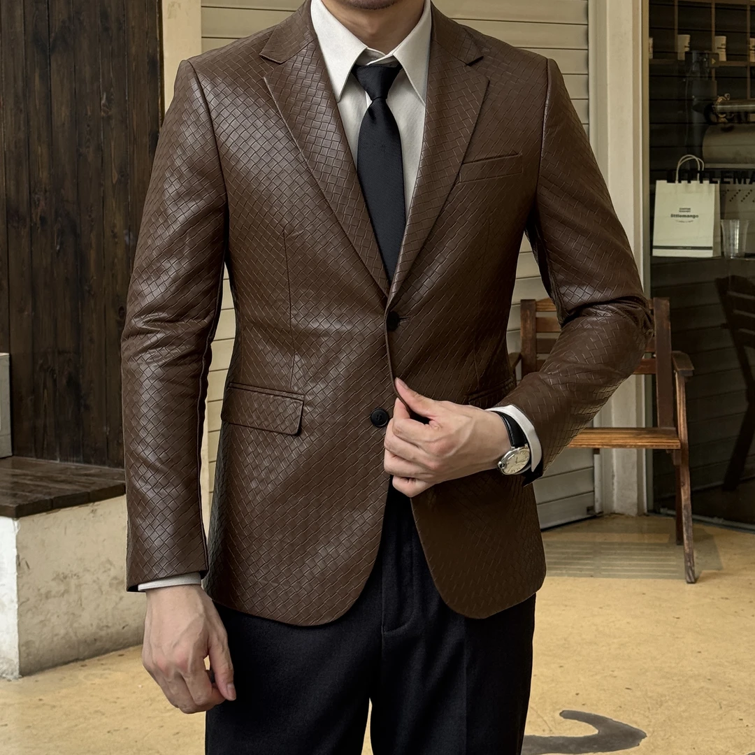 皮西装男外套高级感春秋修身格子皮衣男款2025新款痞帅休闲小西服