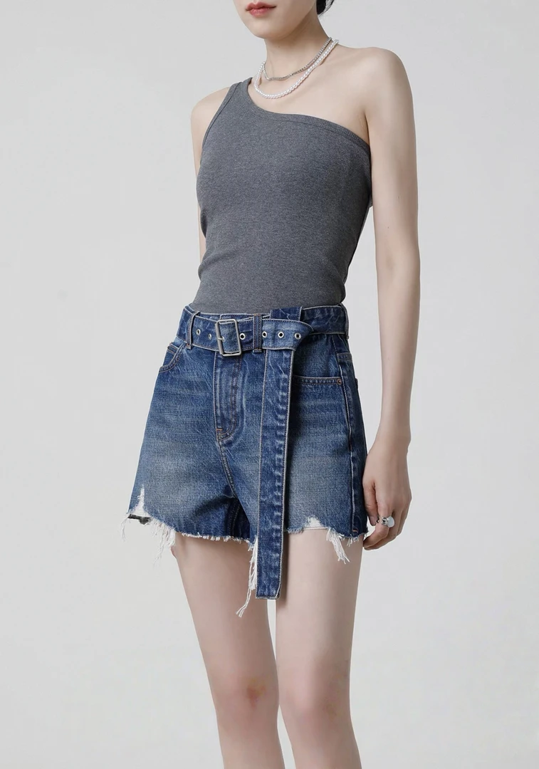 「进口高支棉」高腰牛仔短裤女夏季薄款磨破毛边皮带装饰辣妹热裤