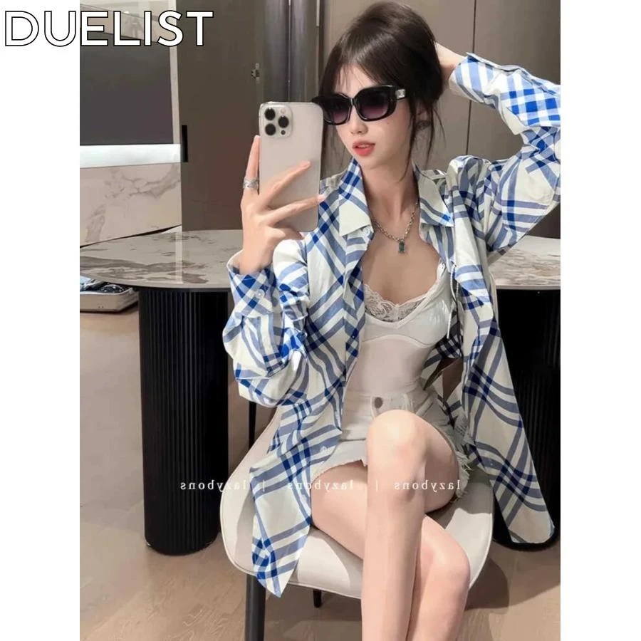 DUELIST拼色蓝白格纹单排扣翻领防晒衬衫外套夏季女新款小众上衣