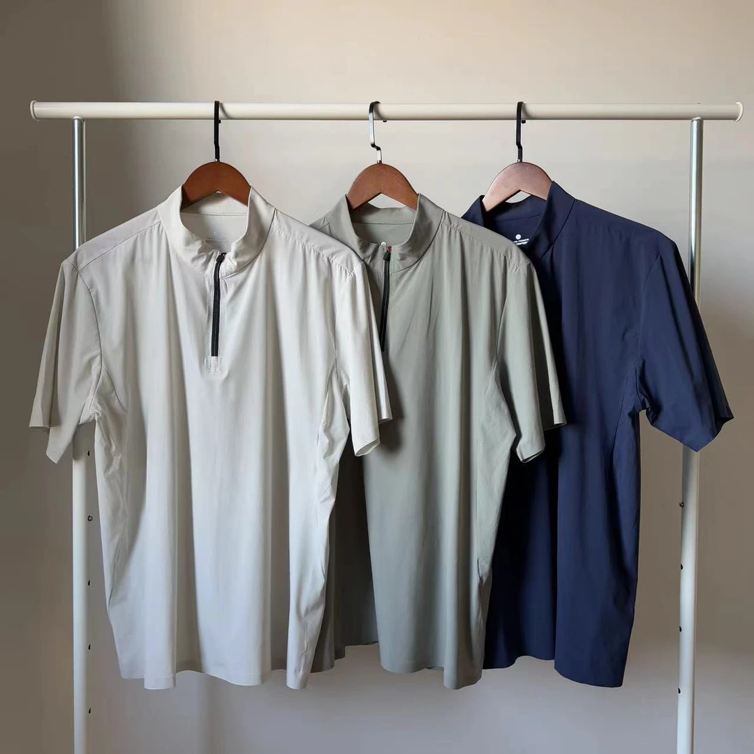 日系夏季户外徒步登山轻薄网眼透气速干短袖 男跑步运动半拉链T恤