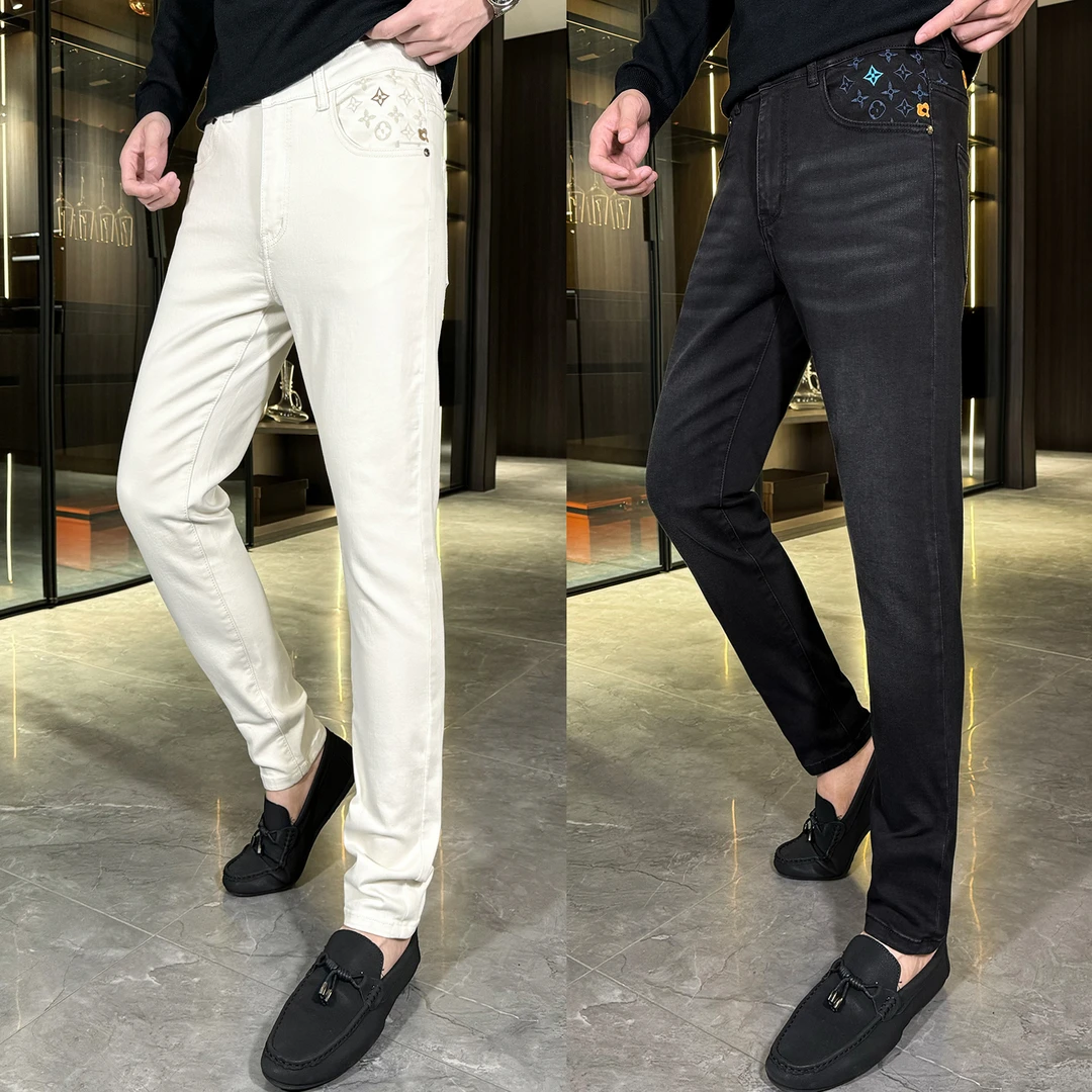 2025秋冬新款时尚休闲百搭刺绣轻奢男士修身显瘦白色牛仔裤9820
