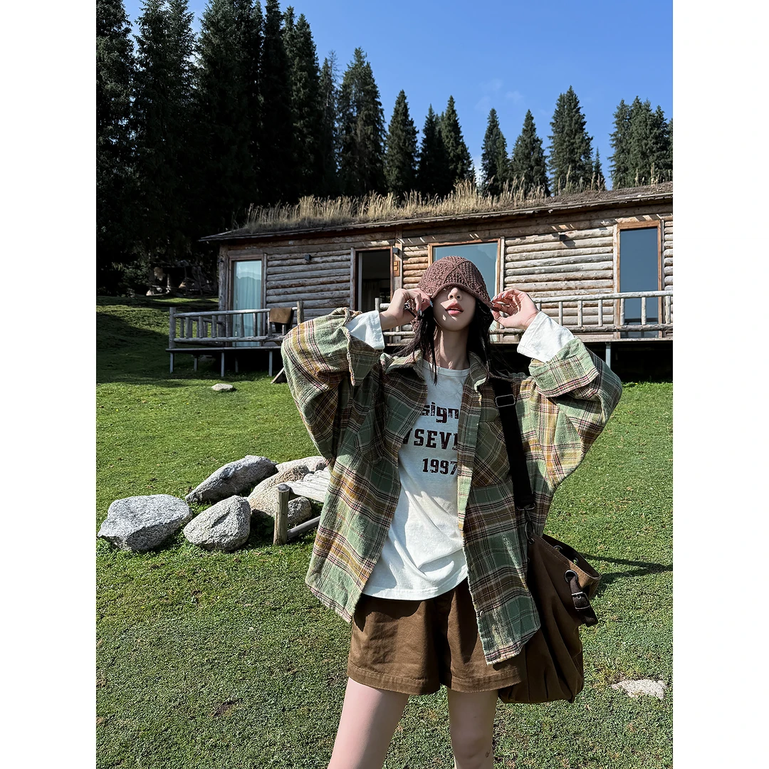 杨九七复古格子长袖衬衫女早秋新款美式宽松显瘦开衫上衣70014