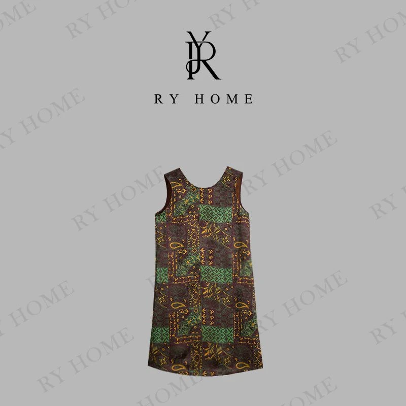 【容雨RYHOME】印花V领无袖背心香.云纱工艺连衣裙252L1432