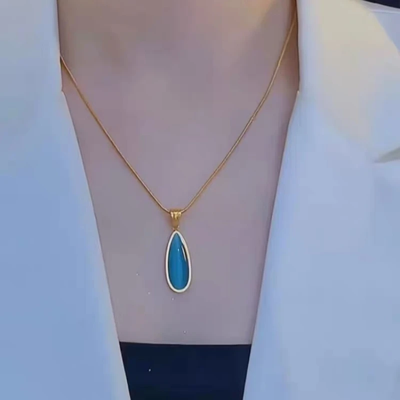 铜合金吊坠 如蝶在野海洋之心~蓝色水滴项链清冷高级感轻奢锁骨链