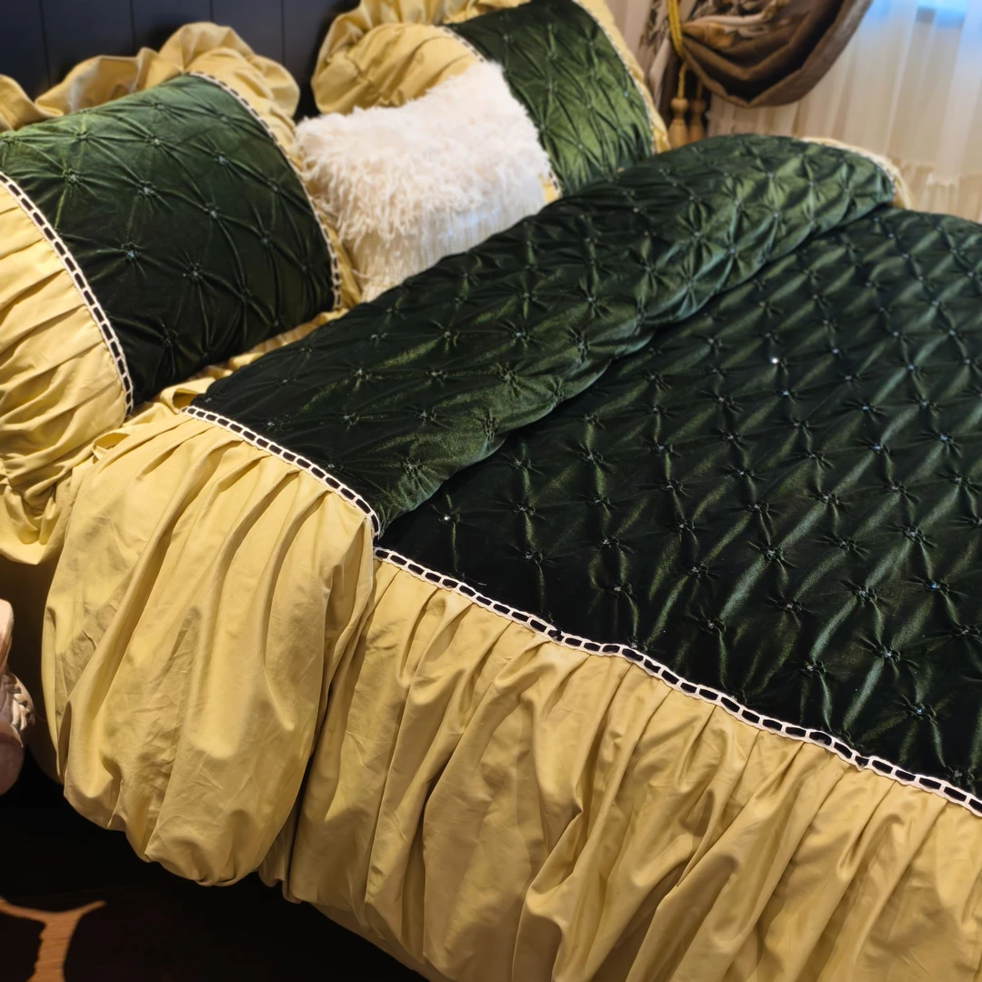 小冲冲【翡翠碧泉】法式复古丝绒揪花全棉贡缎磨毛床单款四件套