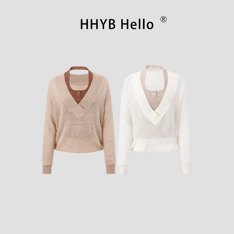 HHYB Hello韩版宽松显瘦百搭挂脖假两件马海毛针织衫女M1496
