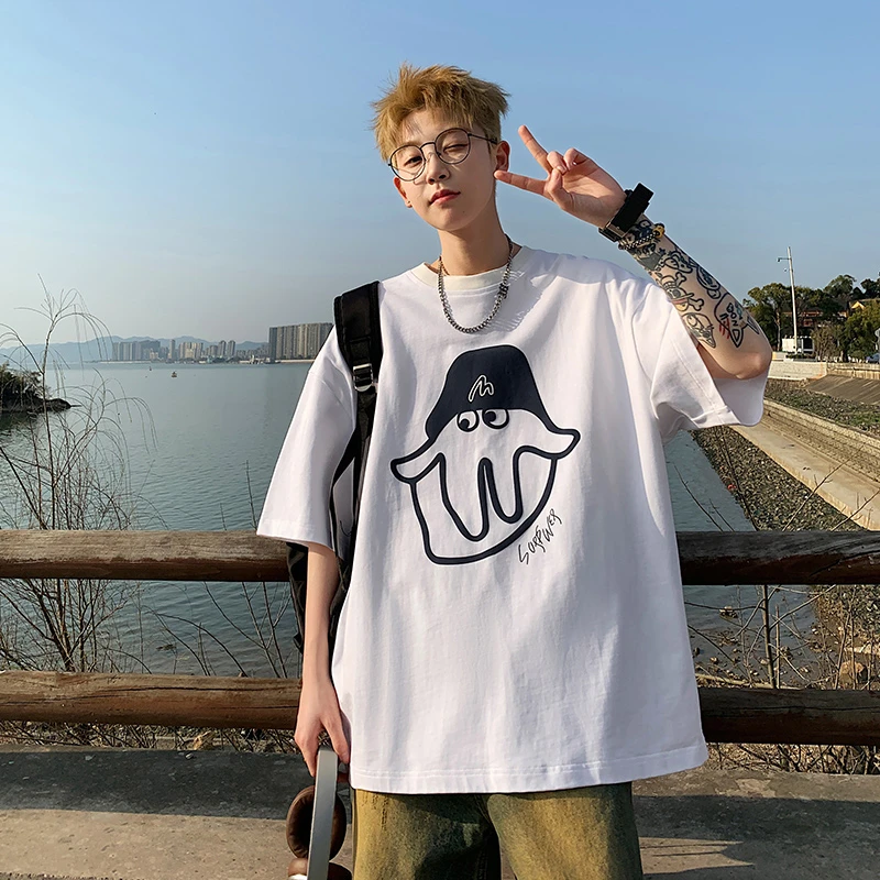 潮流港风印花T恤宽松版型男士夏季休闲百搭圆领短袖体恤衫