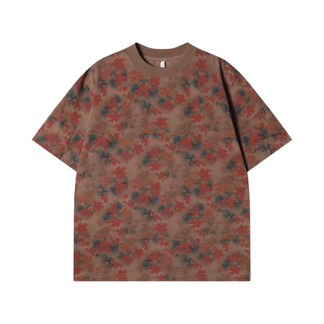 夏季新款潮牌设计感撞色枫叶圆领短袖T恤百搭潮流套头上衣t恤男装
