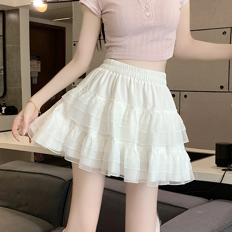 白色蛋糕裙半身裙女春秋高腰芭蕾风蕾丝公主小个子蓬蓬裙短裙夏季