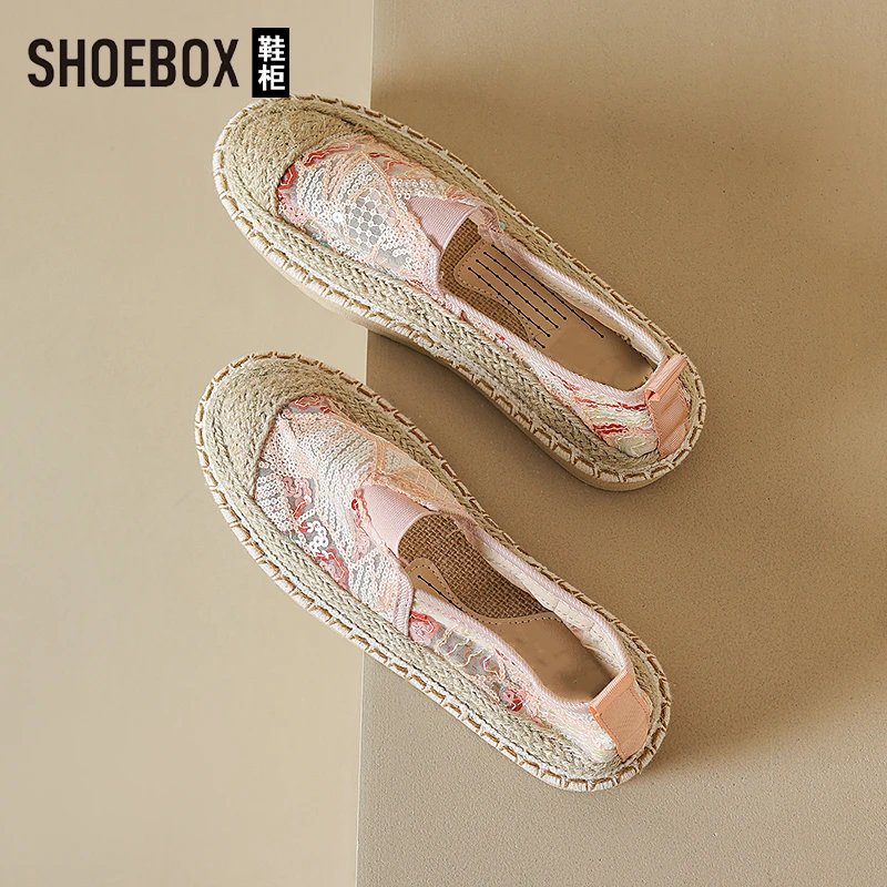 SHOEBOX鞋柜镂空蕾丝刺绣草编渔夫鞋女2025夏季新款平底单鞋子
