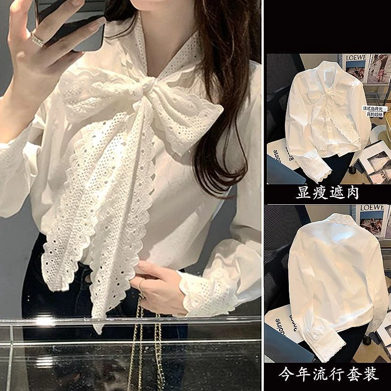 韩系飘带蝴蝶结花边白衬衫女2025秋装新款设计感甜美可爱风格衣服