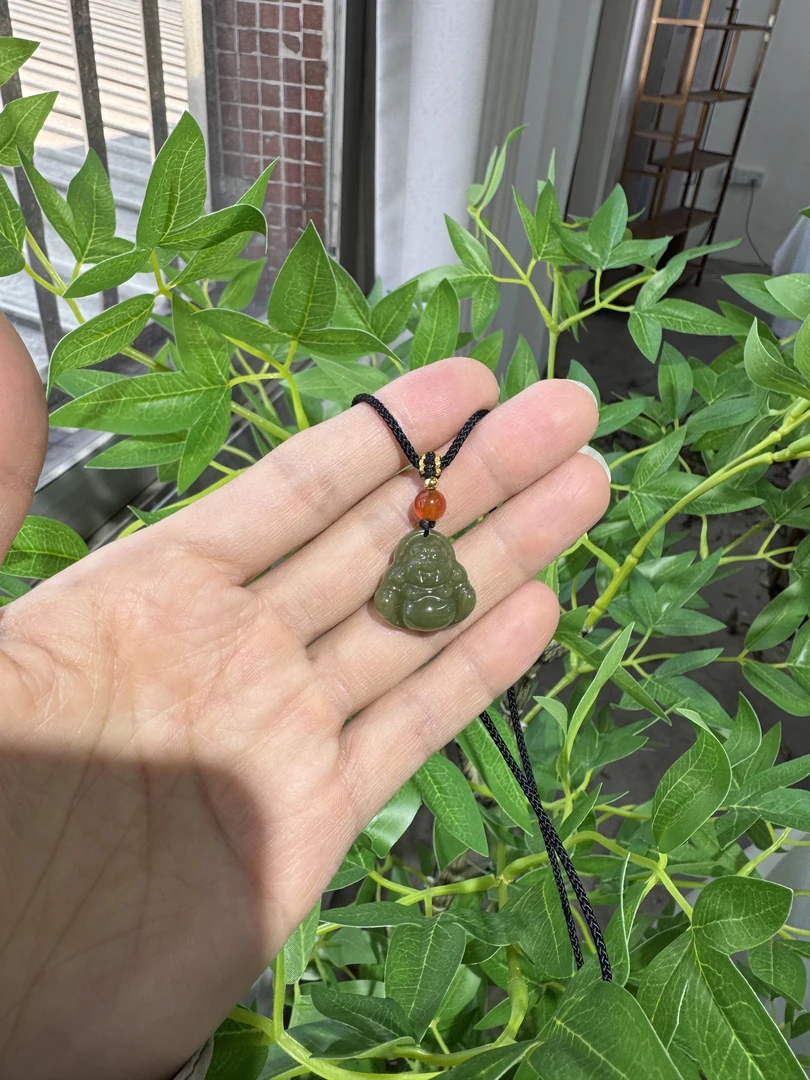 和田玉湖水绿佛公（双面）吊坠20mm珠宝玉石 玉质温润细腻项链女款