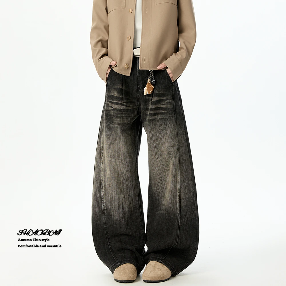 cleanfit弯刀牛仔裤男秋冬新款美式潮牌复古水洗阔腿裤子男休闲裤