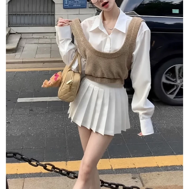 405 韩系假两件设计款休闲风森系衬衫针织上衣