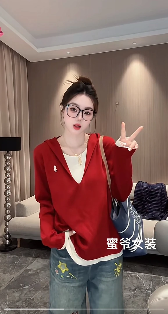 【蜜爷家】秋冬连帽拼色假两件毛衣5206#