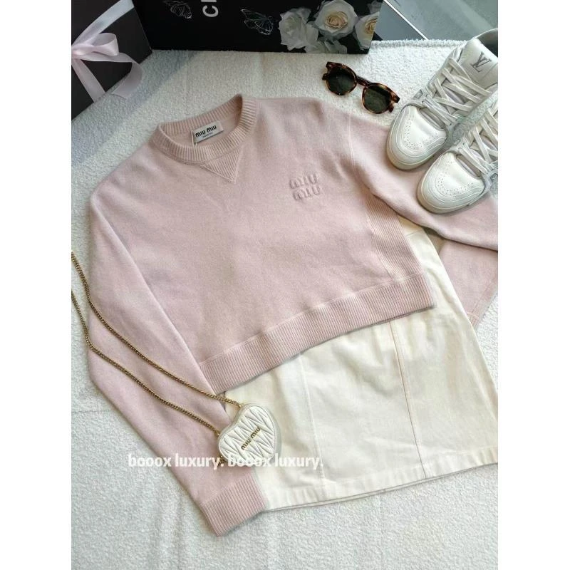 95新 MIU MIU/缪缪   wc020 绵羊毛 粉色羊毛毛衣套头针织衫 38码