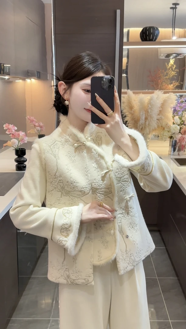 【周粥】【喜鹊】2025秋季新款中式刺绣水貂毛加厚上衣JJQ5MJ5116