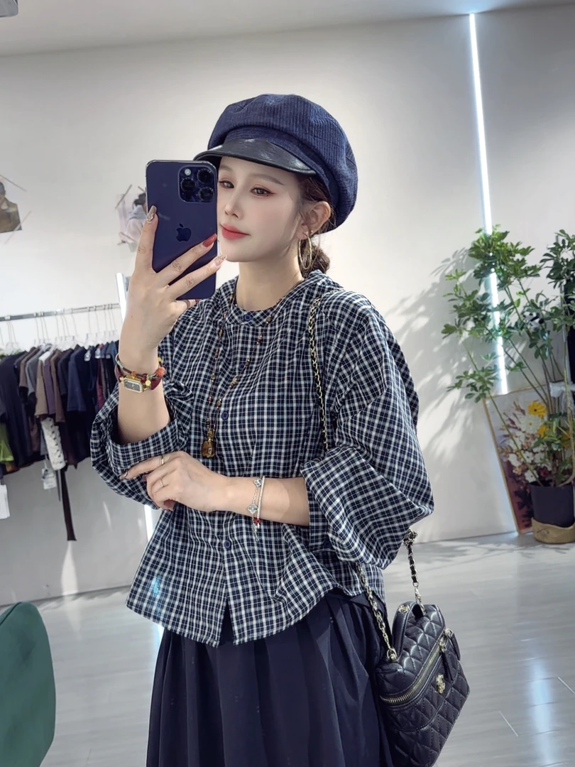 恰逢景梅子自留款秋款时尚气质设计感长袖韩系减龄格子衬衫女